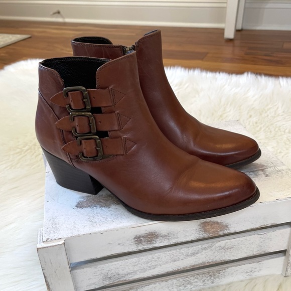 Anthropologie KRBonell Chocolate Brown Leather Buckle Moto Ankle Booties - Picture 1 of 14